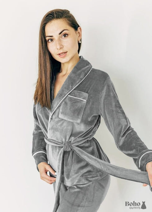 Pijama bohemio, conjunto de pijama de terciopelo Denise en gris y rosa.